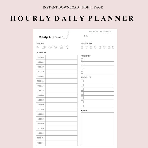 Daily Planner Printable, Productivity Organiser, To-Do List, Hourly Schedule, Daily Overview, 24 Hour Planner, Instant Download Planner