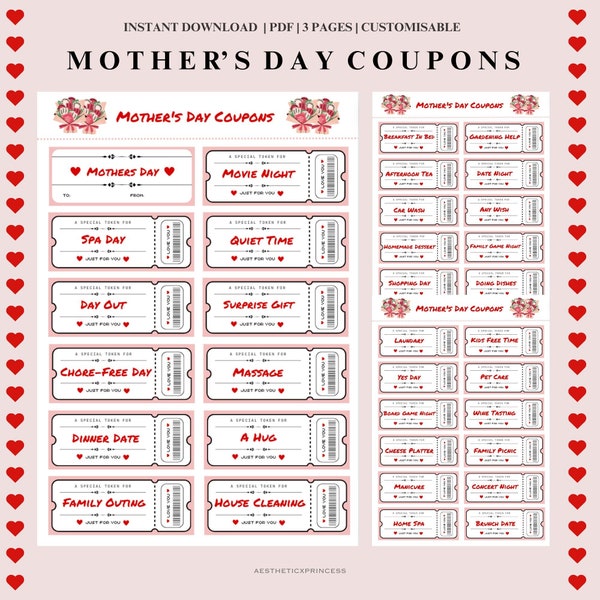 Carnet de coupons pour la fête des mères, carnet de coupons imprimable pour la fête des mères, cadeau fête des mères, cadeau pour maman, carnet de coupons personnalisable, cadeau de fête