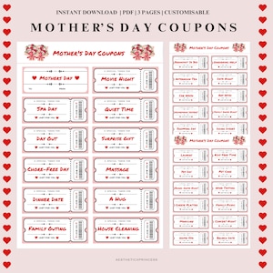 Mother&#39;s Day Coupon Book, Printable Mother’s Day Coupon Book, Mother&#39;s Day Gift, Gift for Mum, Customisable Coupon Book, Celebration Gift