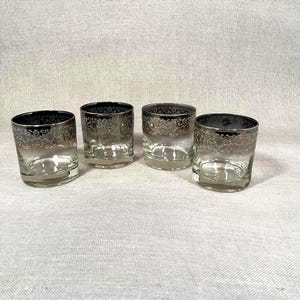 MCM Rocks Glasses Dorothy Thorpe Etched Silver Fade Set of 4 Low Ball Tumblers