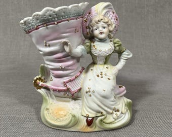 Vintage Paulux Bisque Porcelain Figurine Vase Planter Victorian Lady and Boot