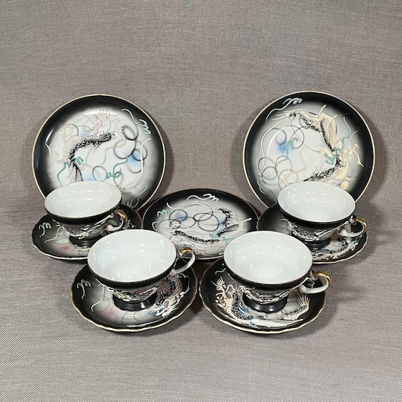 Vtg Kutani Dragonware Tea Set 12 Pc Hand-painted Moriage Geisha
