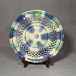 Reticulated Pottery Plate Hand-made Signed Artisan Crafted Blue Green Glaze