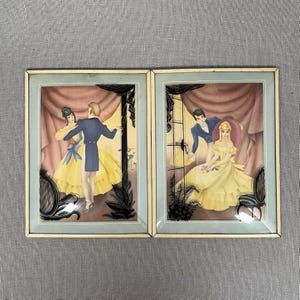 Vintage Victorian Couple Silhouette Pictures Convex Reverse Glass Romantic Set