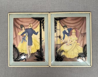 Vintage viktorianische Paar Silhouette Bilder Convex Reverse Glass Romantisches Set