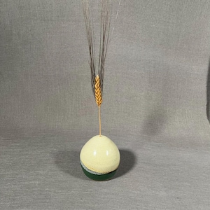 Può includere: Un piccolo vaso rotondo in ceramica con una smaltatura verde e bianca. Un singolo stelo di grano con chicchi marroni e dorati è nel vaso.