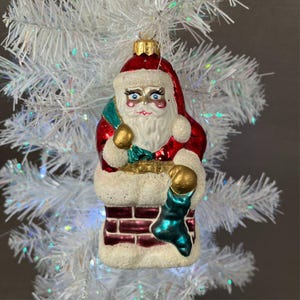 VTG Santa Claus In Chimney Glass Christmas ORNAMENT from Poland