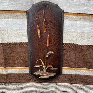 Metal Mid-Century Wall Art Plaque Copper and Brass Cattail on Wood