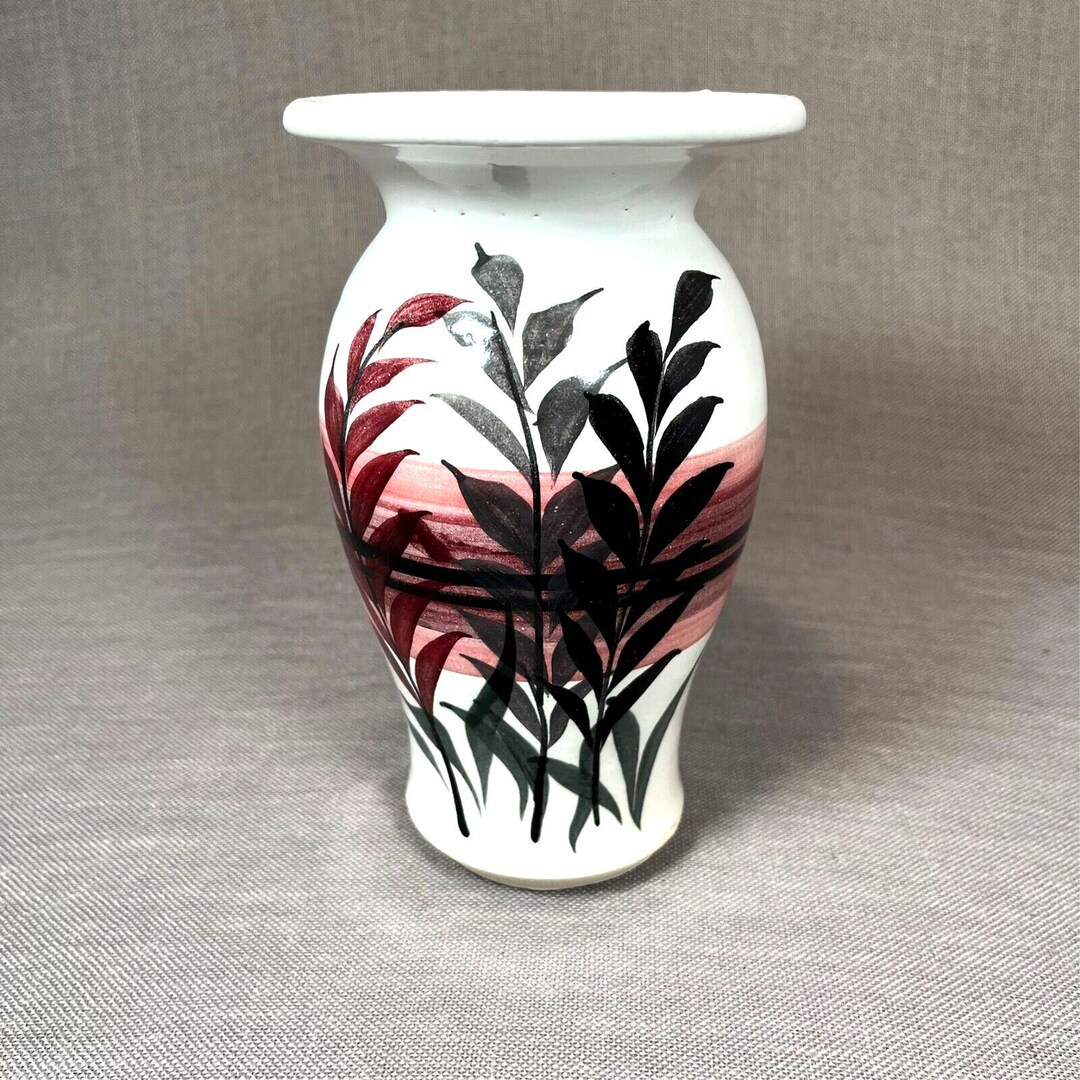 VTG Asian Hand Painted Pottery Vase White With Dark Green and Burgundy ...