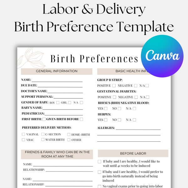 Comprehensive Birth Preference Template, Editable and Printable Birth Plan, Doula, Midwife, New Mom Plan, Pregnancy Planner, Doula Resource