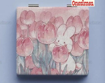 Miroir compact lapin tulipe, cadeaux pour elle, joli miroir portable lapin tulipe, cadeau personnalisé, cadeau bestie, miroir de maquillage