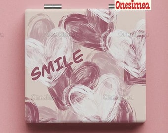 Espejo compacto Smile Heart, espejo de bolsillo de amor, espejo de maquillaje, regalos de San Valentín, regalos personalizados para ella, espejo para viajar, espejo de corazón de sonrisa