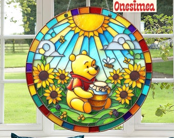 Pooh Suncatcher Home Decor, Winnie The Pooh acrilico finestra Decor, Pooh vetro colorato Decor, Cartoon Movie finestra appesa, Pooh Suncatcher