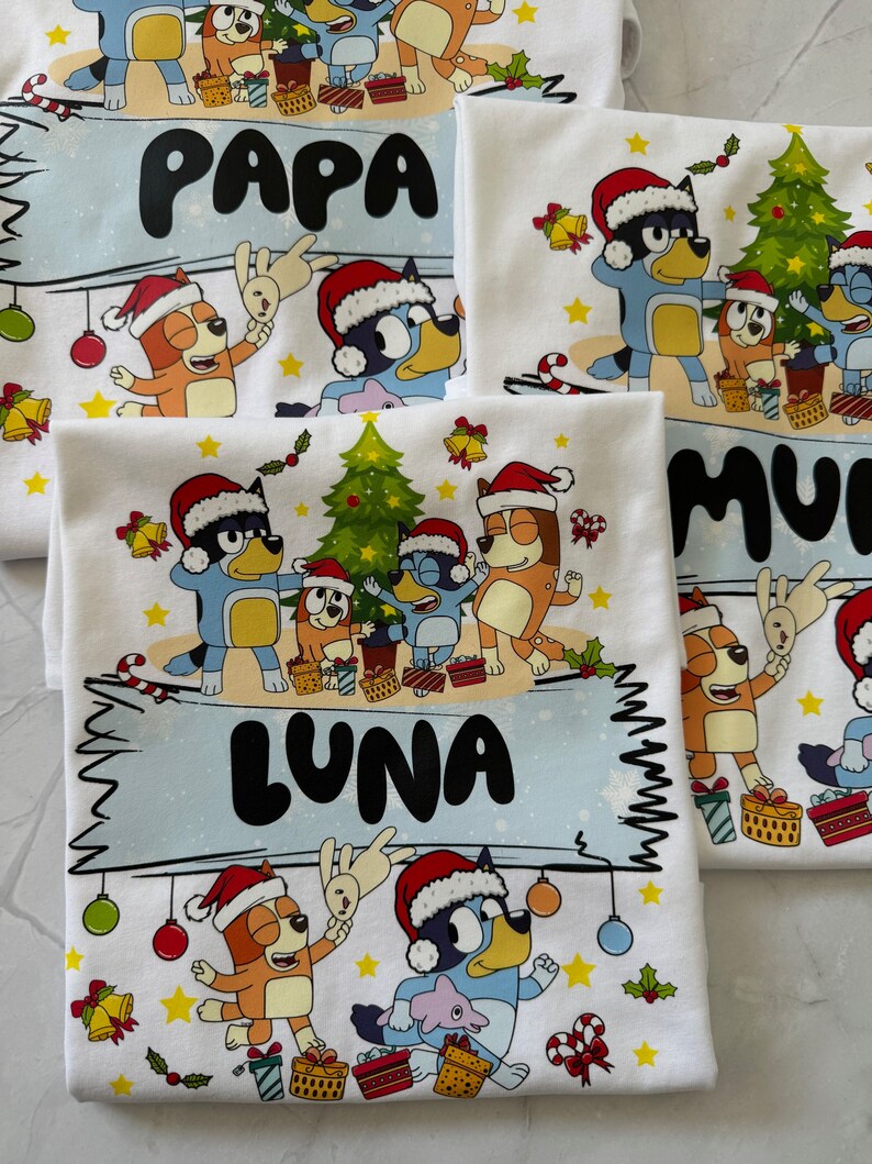 Christmas Xmas Bluey Family Party Tshirt Mens,womens & Kids. Black