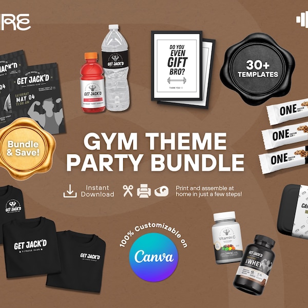 Gym Party Template Bundle – Fitness Birthday, Favor Labels (Digital Download)