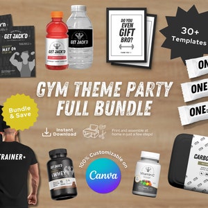 FULL BUNDLE Gym Party Template Bundle  - Gym First Birthday - Candy Favors - Labels - Fitness - Workout - Health - VIRAL Gym Themed Party