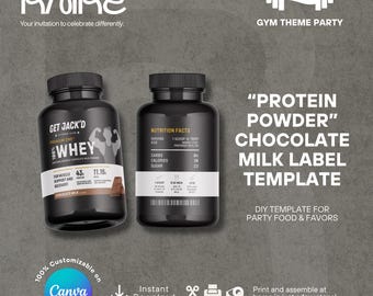 May include: Two black protein powder bottles with white labels. One bottle reads "Get Jack'd Whey" and the other displays nutrition facts. The text "Protein Powder Chocolate Milk Label Template" is also visible.