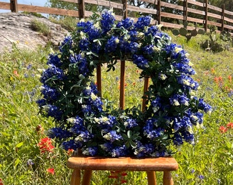 Nearly real full Texas bluebonnet every day year-round wreath for your porch or home decor.