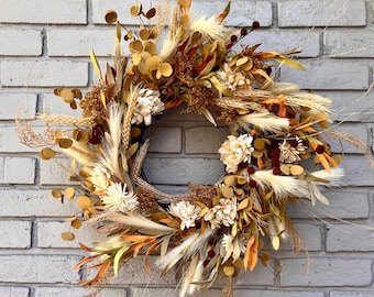 Handcrafted Fall Wreath: Boho Pampas Grass & Faux Wheat Decor
