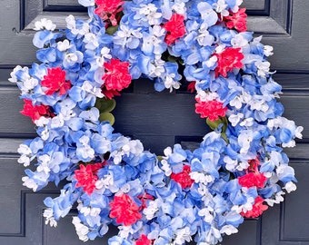 Full every day year round wreath for front door or home decor consisting of Texas bluebonnets and red Indian paintbrush