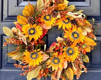 Fall Sunflower Wreath, Pine Cone & Berry Decor, 27" Grapevine Wreath