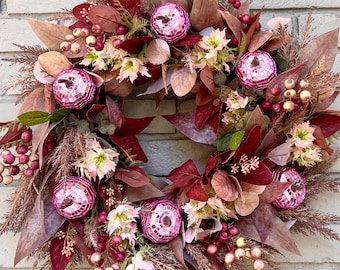 Pink Disco Ball Pumpkin Wreath: Luxury Fall Glam Decor