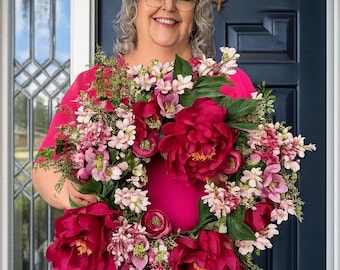 Spring Peony Wreath Burgundy and Pink Floral Wreath Front Door Decor Romantic Garden Decor Summer Wreath Mother’s Day Gift Grandmacore