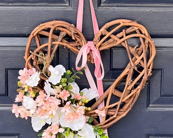 valentine wreath with pink and white flowers and pink velvet bow for front porch door entry wall fireplace home decor or special friend gift