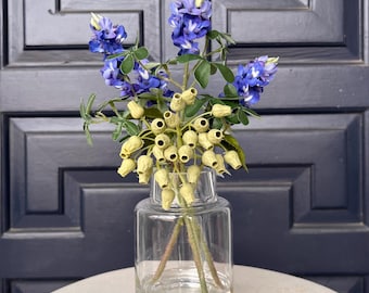 Faux Bluebonnet Arrangement: Realistic Floral in Glass Vase