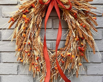 Handmade Fall Harvest Wheat Wreath: Teardrop Door Decor