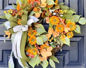 Strawflower Fall Wreath: Grapevine, Berries, Olive Farmhouse Decor