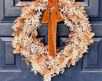 Fall Foliage Wreath: Teardrop Grapevine Wreath with Velvet Bow