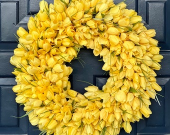 sunny yellow full tulip wreath to brighten up your front door or enhance your spring home decor