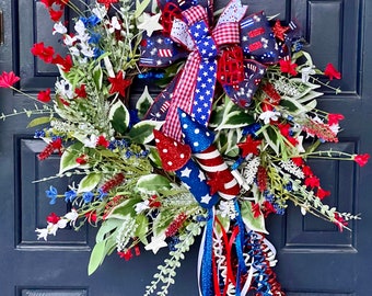 July 4 round grapevine patriotic wreath for front porch or home decor