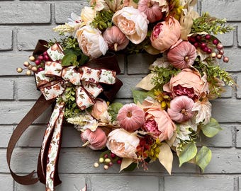 Handmade Velvet Pumpkin Fall Wreath: Blush Cream Peonies, Autumn Decor