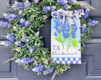 Texas realistic bluebonnet everyday wreath with sign for front door or home decor. Gift for yourself or other bluebonnet lovers.
