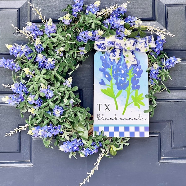 Texas realistic bluebonnet everyday wreath with sign for front door or home decor. Gift for yourself or other bluebonnet lovers.