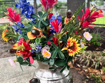 Bluebonnets and luxury wildflowers in handmade tea cup and tea pots from North Africa etched metal for a globally curated home gift ideas