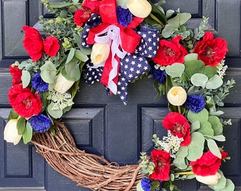 Patriotic Memorial Wreath: Red, White, Blue Flowers, American Flag Decor