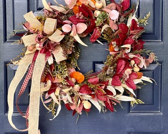 Fall Eucalyptus Wreath: Burgundy & Orange, Burlap Bow, 24 Inch