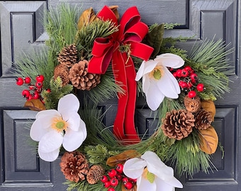 Magnolia Christmas Wreath with Red Velvet Bow, Southern Holiday Decor