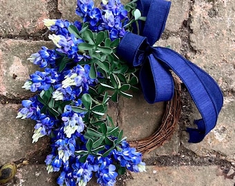 Bluebonnet crescent wreath: Texas Home Decor with Navy Ribbon