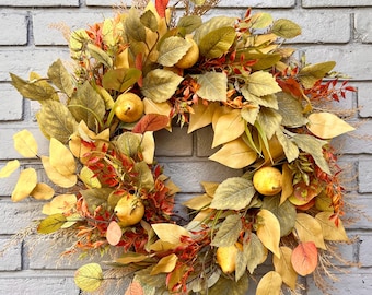 Thanksgiving Pear Wreath, Golden Autumn Leaves, Fall Home Decor
