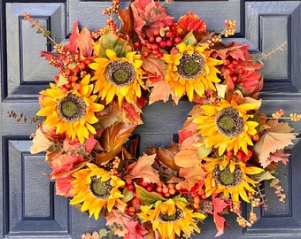Fall Sunflower Wreath: Golden Yellow Autumn Decor, 27"