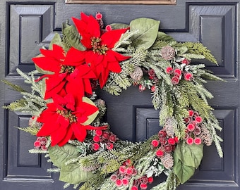 Velvet Poinsettia Christmas Wreath, Iced Pine & Berries