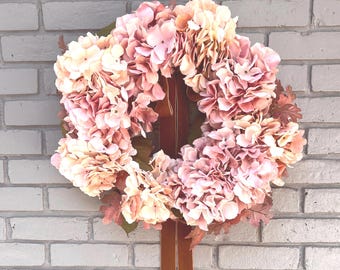 Faux Dried Hydrangea Wreath: Velvet Bow, Fall Oak Leaves - 21 Inch