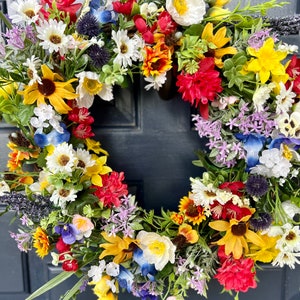 All season round grapevine wreath featuring multiple colors of Texas wildflowers including bluebonnets and Indian paintbrush perfect gift image 8