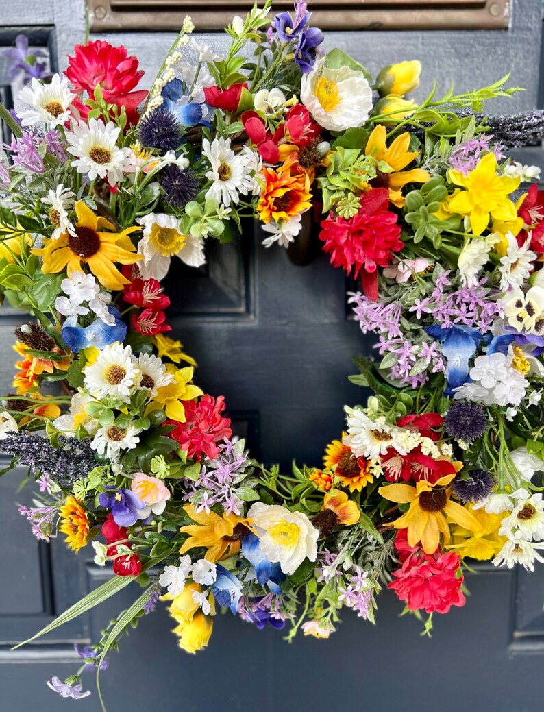 All season round grapevine wreath featuring multiple colors of Texas wildflowers including bluebonnets and Indian paintbrush perfect gift image 8