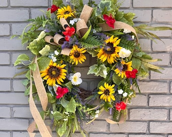 Sunflower Wreath: Rustic Burlap Bow, Farmhouse Fall Decor