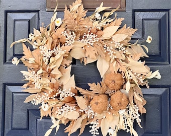Neutral Fall Wreath: Burlap Pumpkins, Faux Leaves, Rustic Autumn Decor